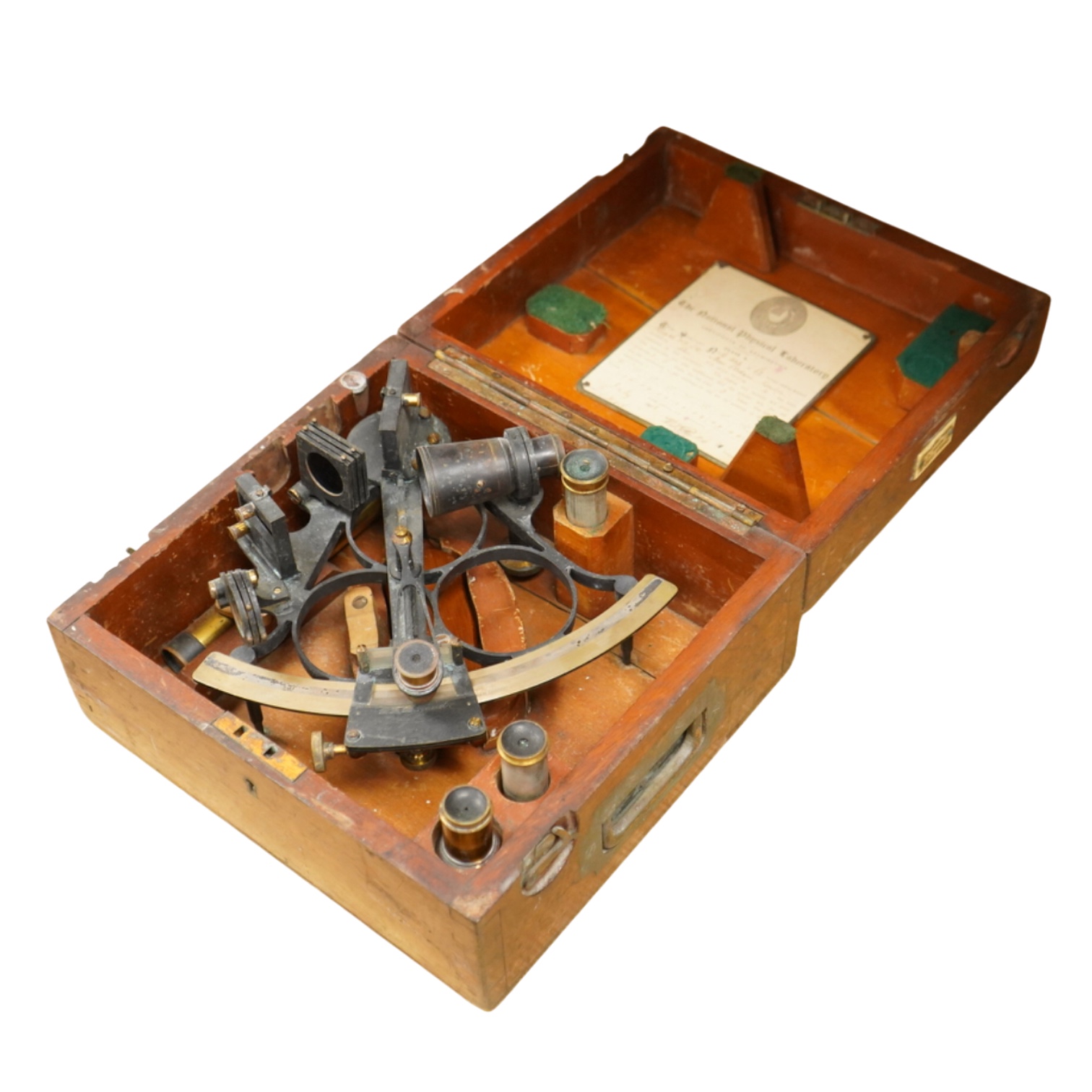 An early 20th century brass and lacquered sextant without maker’s mark, the mahogany case containing three eyepieces, card certificate of examination by the National Physical Laboratory screwed to the inside of the lid a